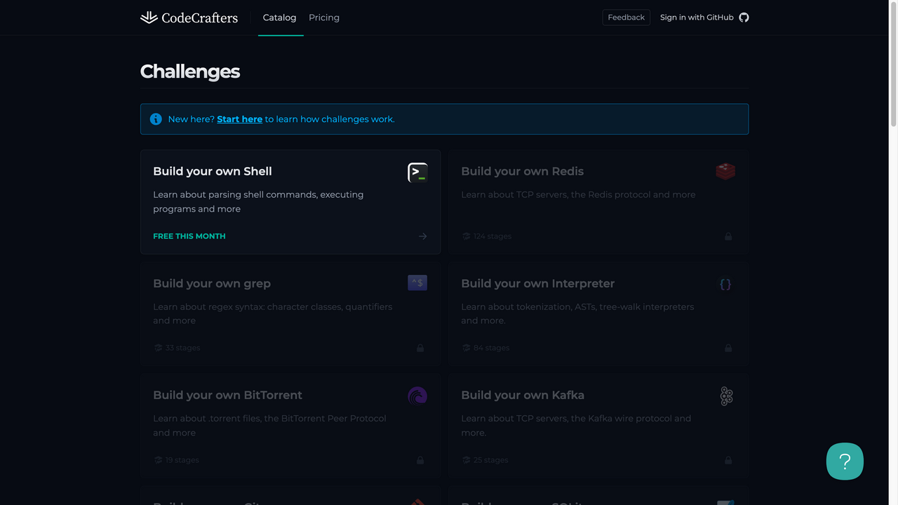 CodeCrafters' challenge catalog, including builds of Shell, Redis, grep and an interpreter