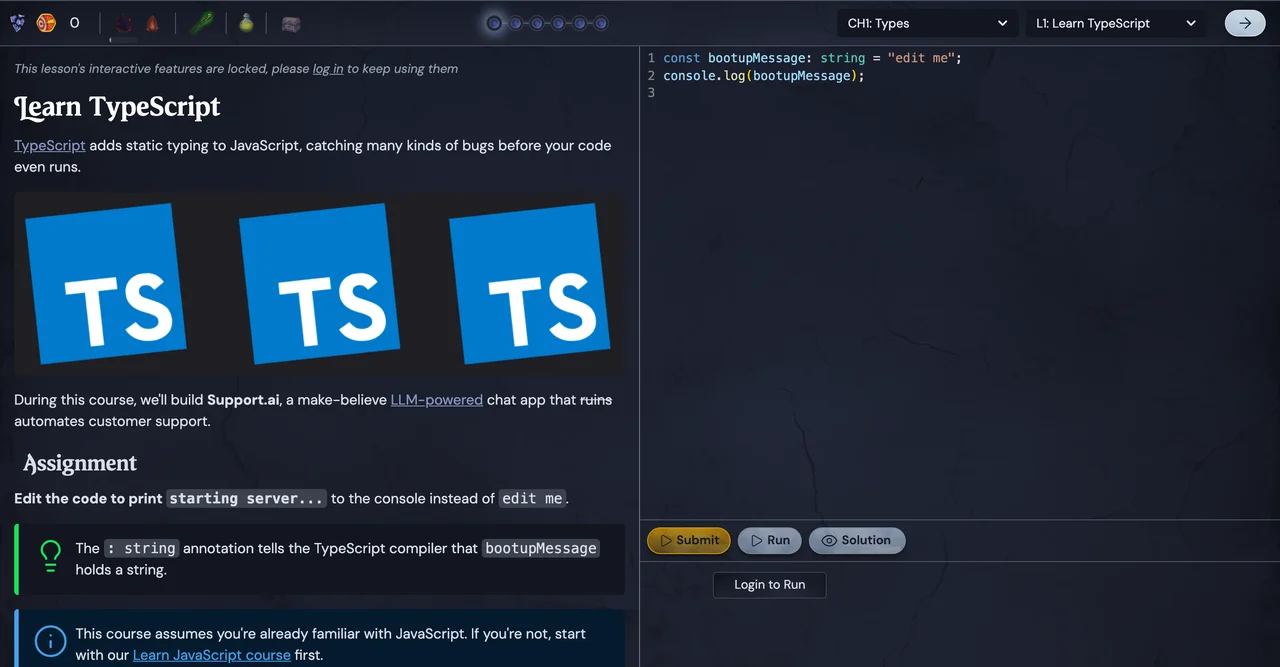 Boot.dev's first TypeScript lesson, with Login to Run shown when logged out