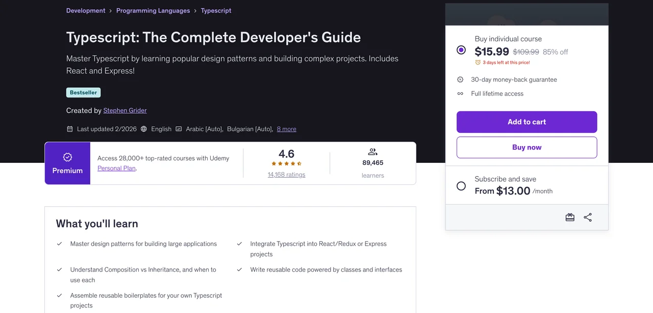 Grider's TypeScript course on Udemy at $15.99, last updated 2/2026