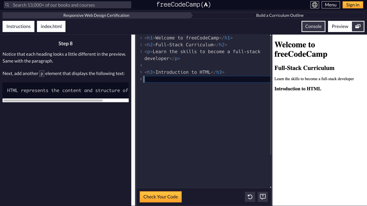 A freeCodeCamp HTML lesson with instructions, a code editor and a live webpage preview