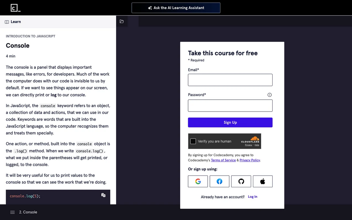 Codecademy's JavaScript console lesson with a sign-up form where the editor should be