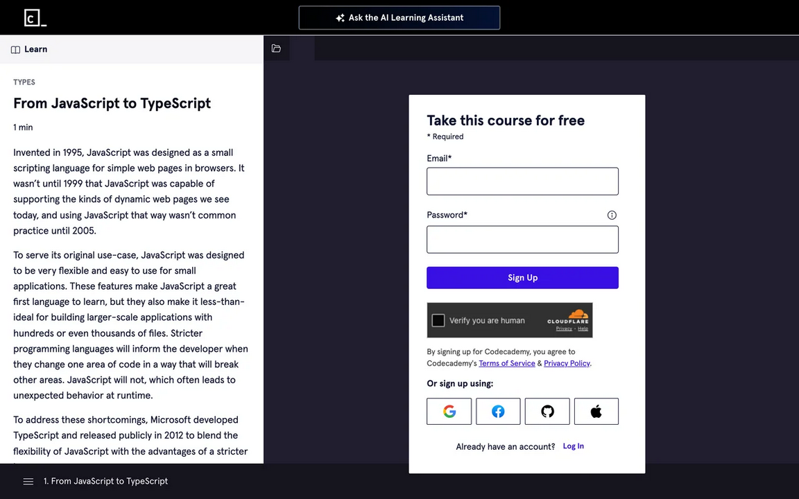 Codecademy's first TypeScript lesson with a sign-up form in place of the editor