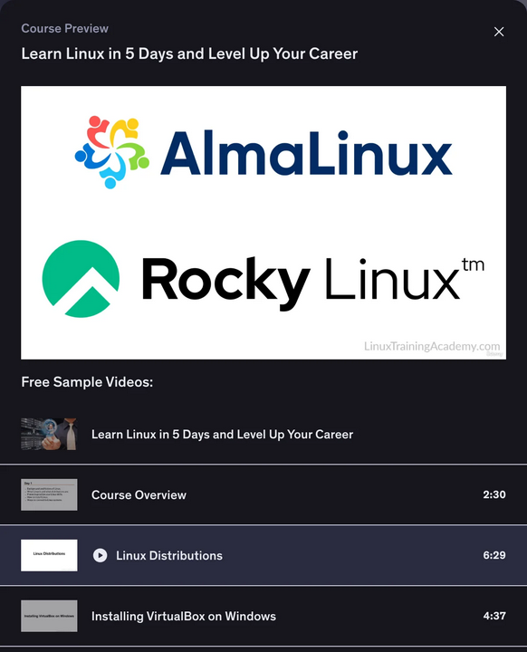 The Learn Linux in 5 Days preview on Udemy, showing AlmaLinux and Rocky Linux and the free sample videos