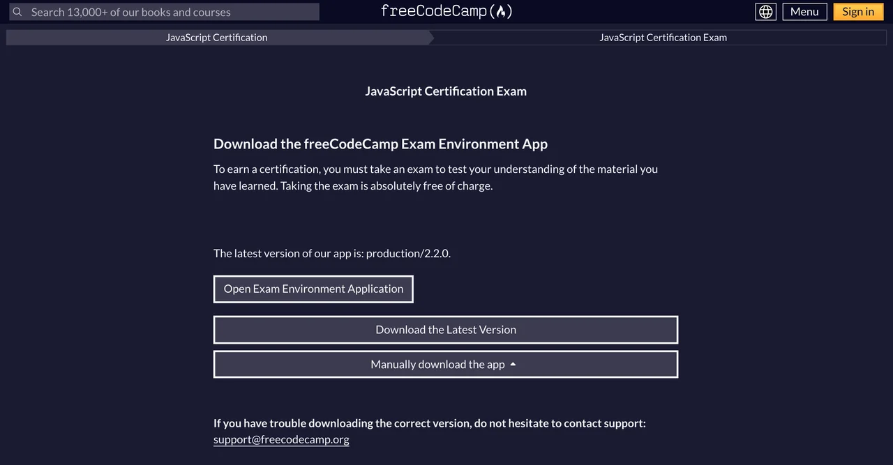 freeCodeCamp's JavaScript Certification Exam page asking you to download the Exam Environment app