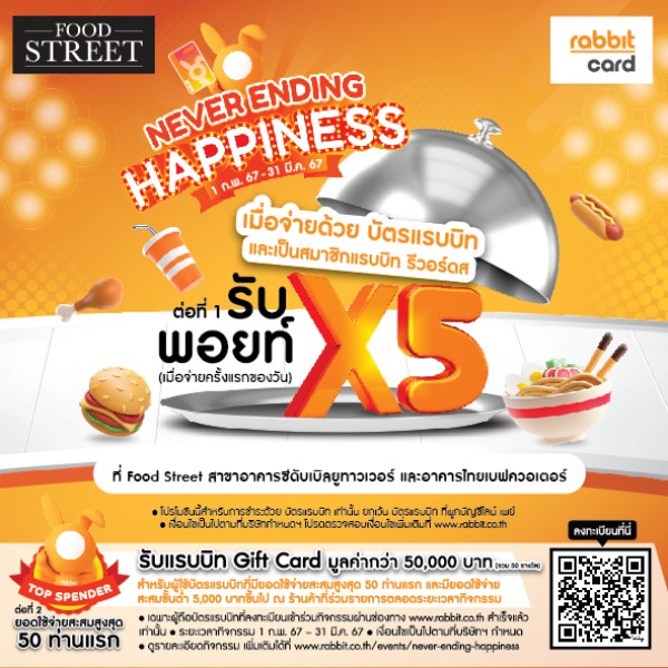 รับพอยท์ x5 ที่ Food Street สาขาอาคารซีดับเบิลยูทาวเวอร์ และอาคารไทยเบฟควอเตอร์