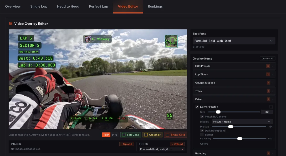 Race Ninja Video Overlay Editor showing customisable telemetry HUD on kart onboard footage with lap times, speed, and driver profile settings