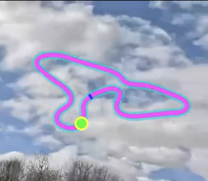 Track map overlay showing a racing line with customised colours on a karting circuit