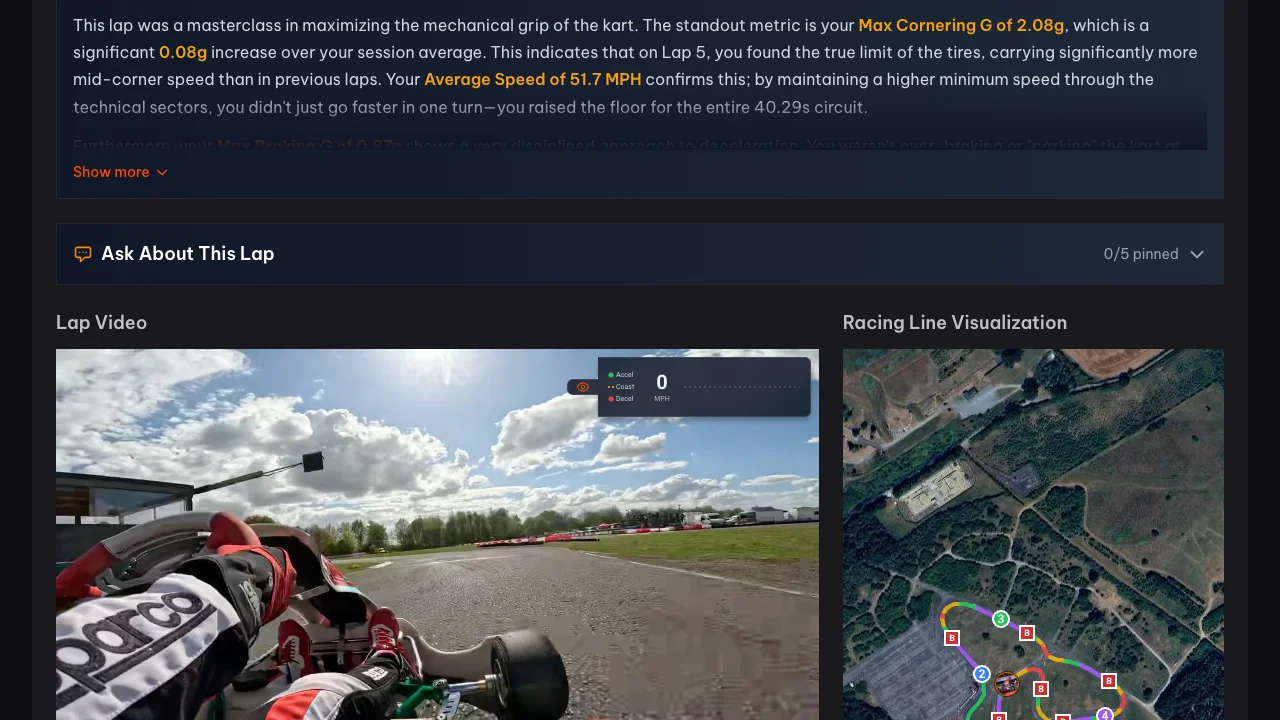 Single lap analysis with onboard video and colour-coded racing line on satellite imagery