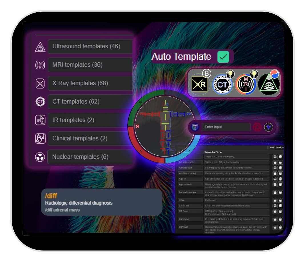 RadiusMD.Ai three-step reporting workflow — AutoLoad template, input data, generate report