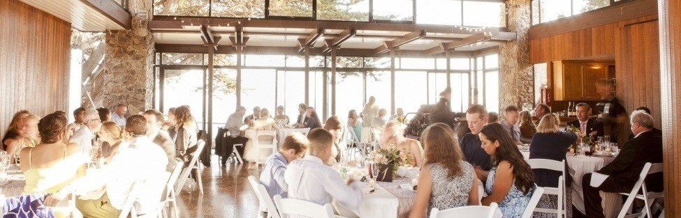 Wedding guests inside Ragged Point Inn