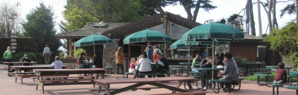 patio with tables and umbrellas