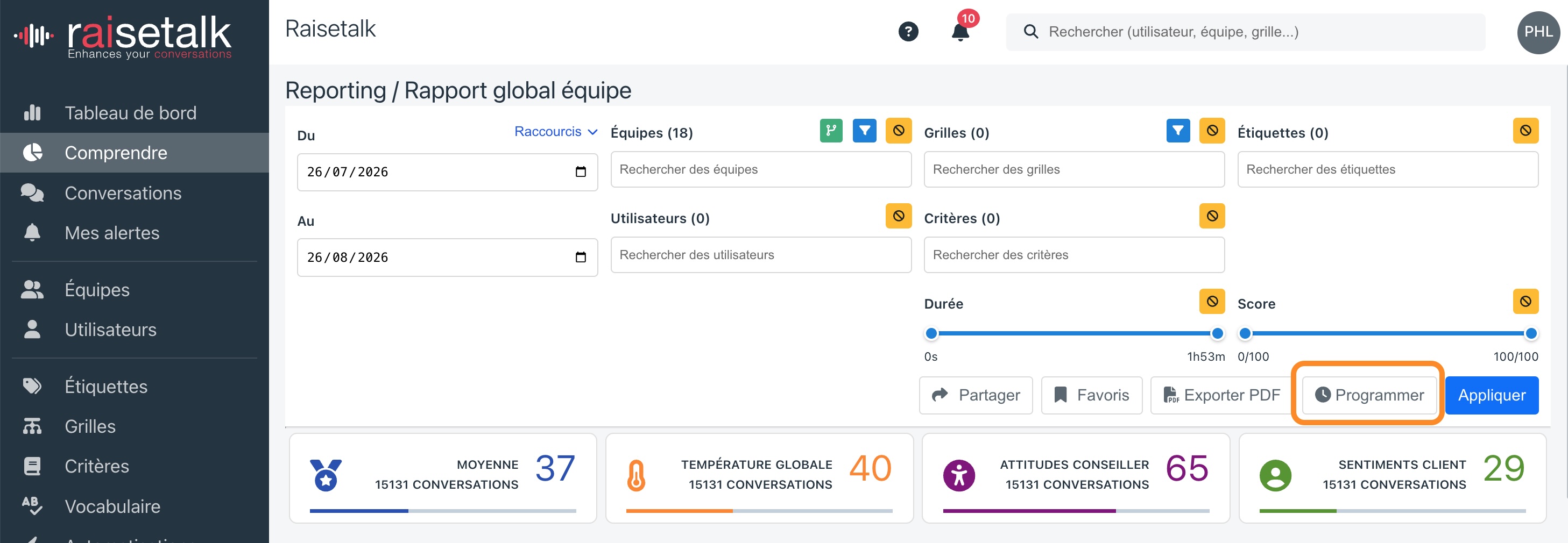 Schaltflächen PDF exportieren und Planen auf einem Bericht der Konversationsanalyse-Plattform Raisetalk