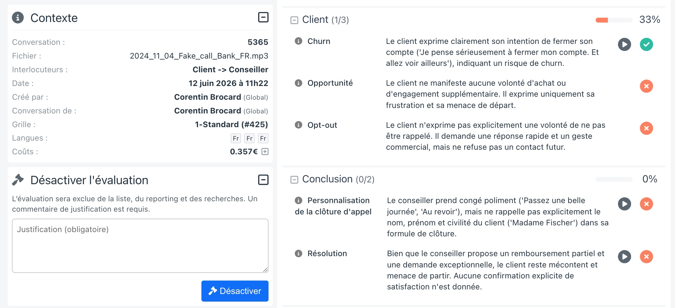 Triggering a dispute from the detail page Disable evaluation block expanded on a conversation detail page in the Raisetalk conversational analysis platform, with the justification field