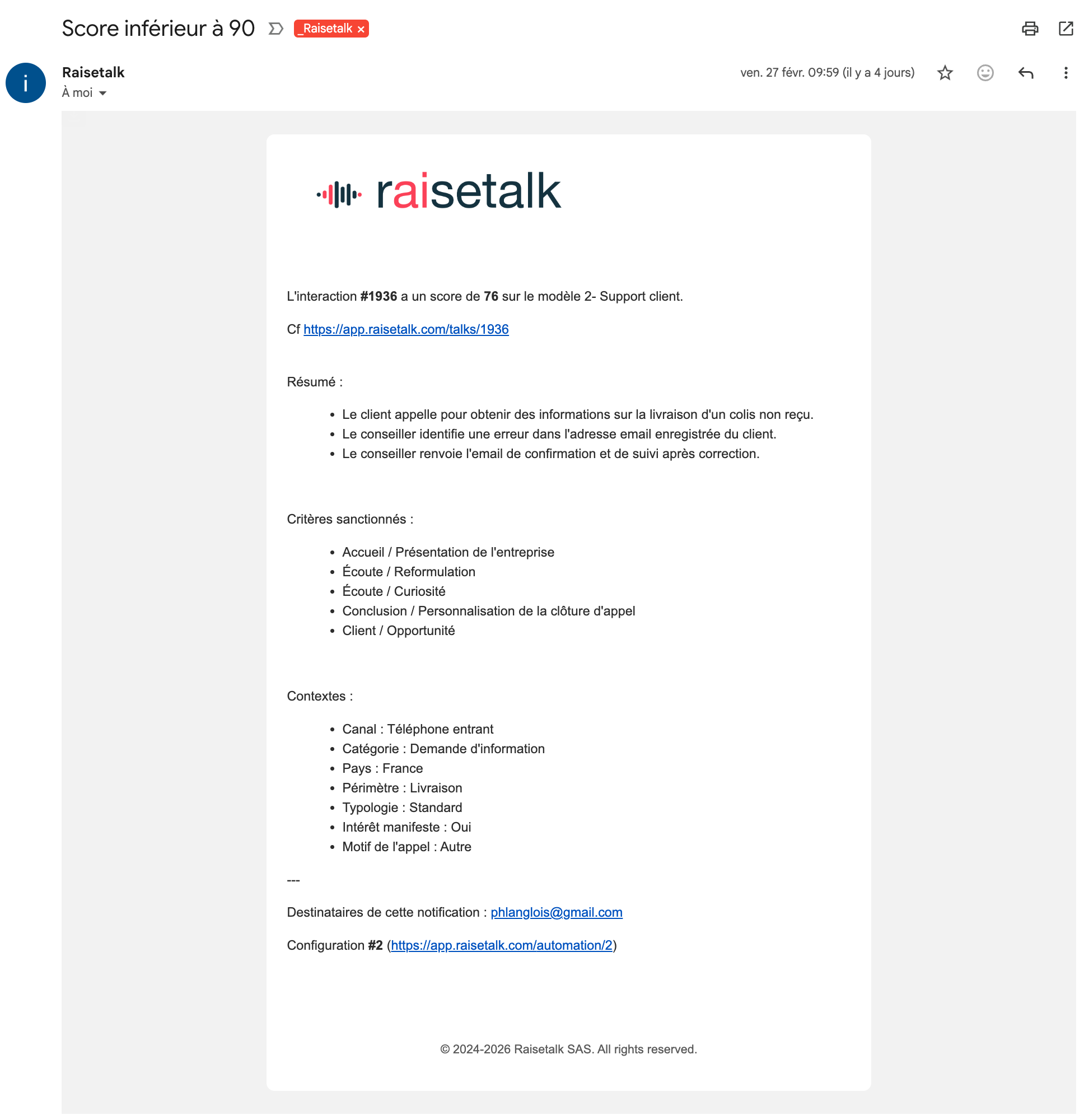 Exemple de notification email reçue dans Raisetalk