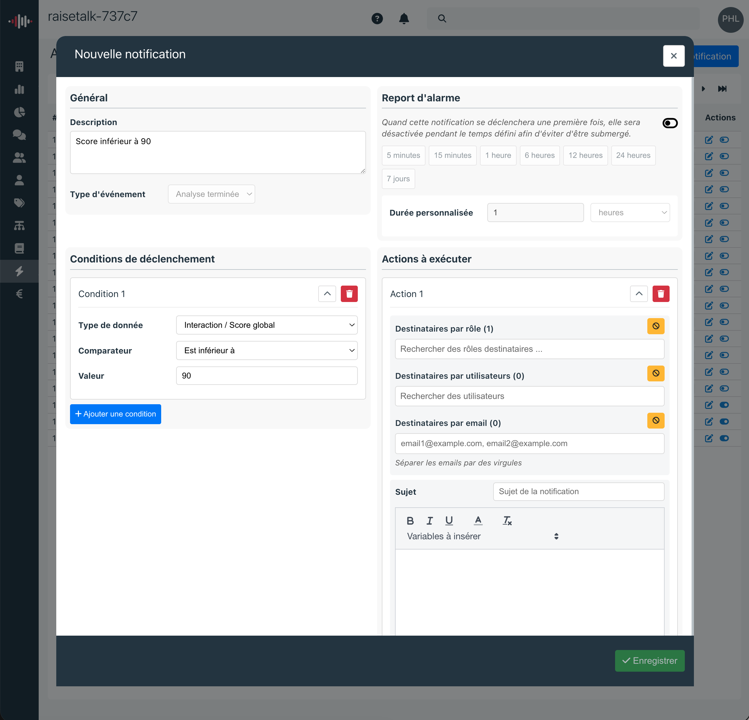 Configuration des conditions de déclenchement d'une notification