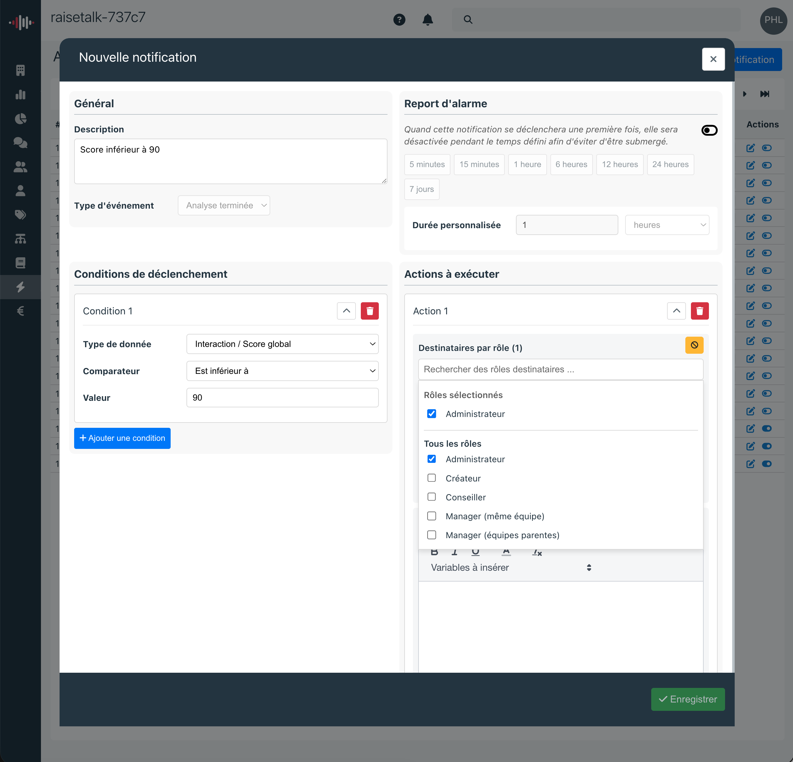 Configuration des destinataires d'une notification par rôle, utilisateur ou email