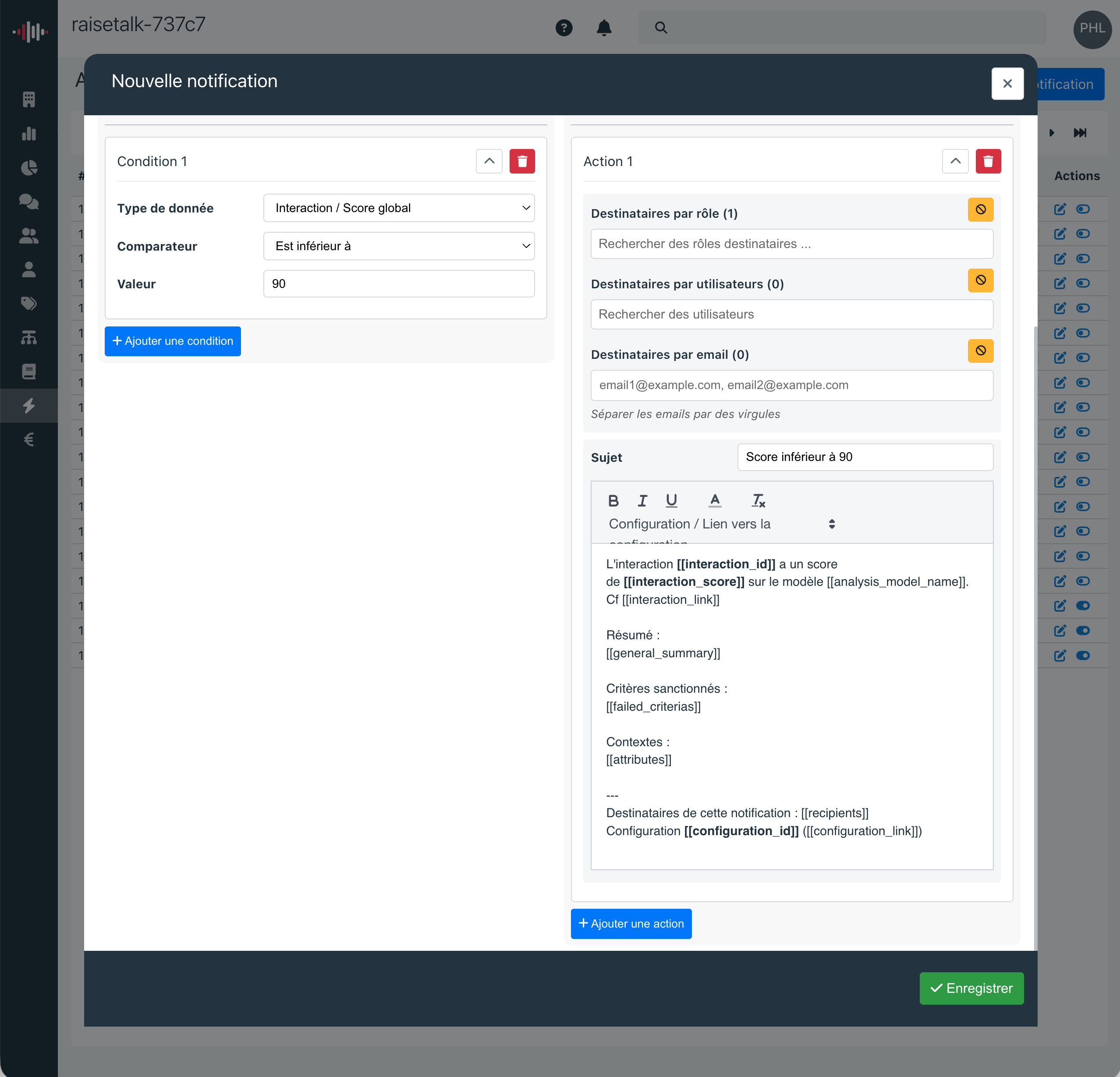 Modèle d'email de notification avec variables de publipostage