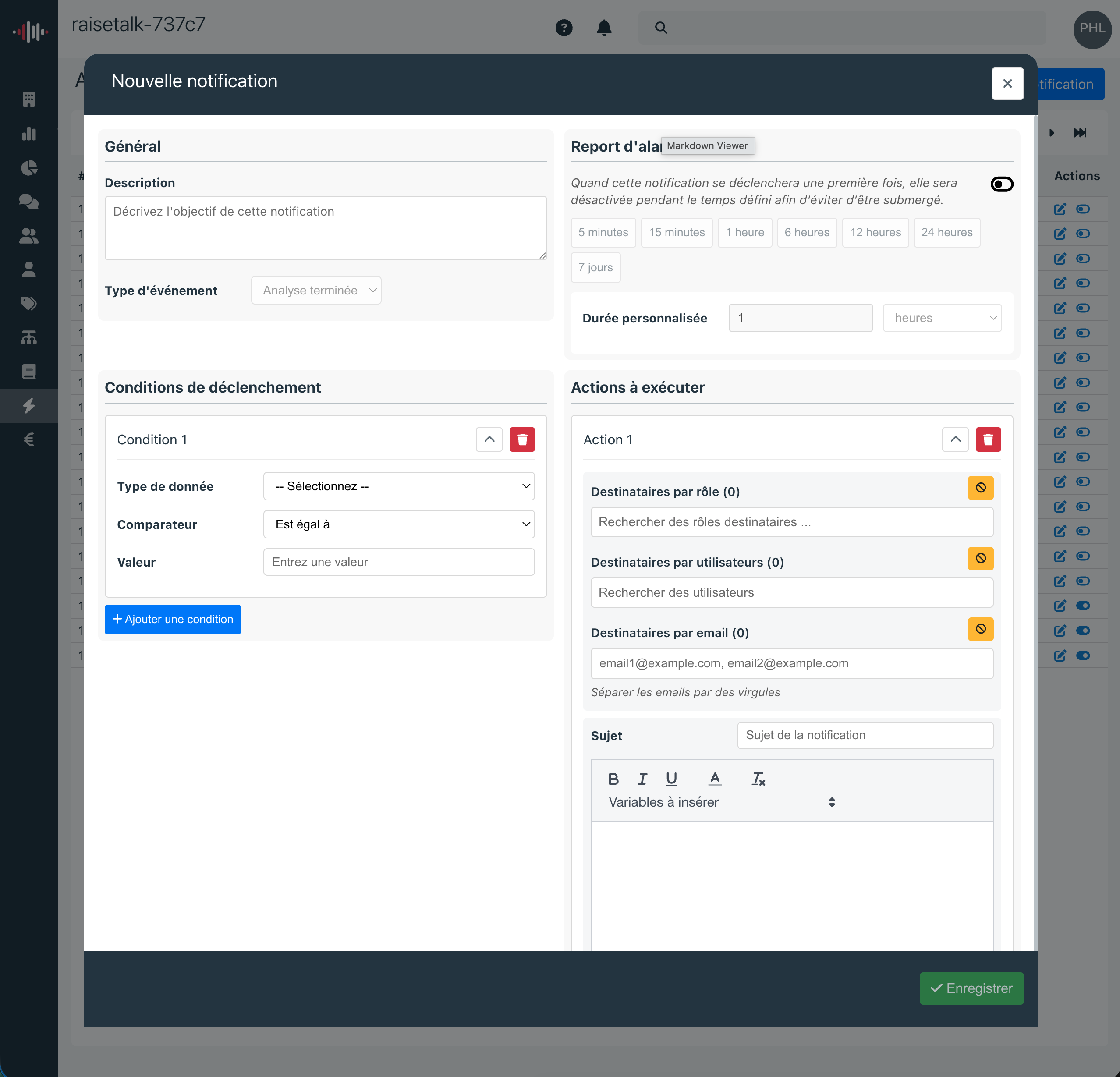 Formulaire de configuration des notifications vierge