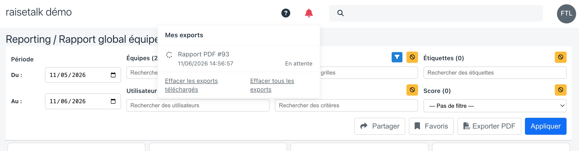 Seguimiento de las exportaciones PDF Seguimiento de una exportación PDF de informe en el menú Mis exportaciones de Raisetalk