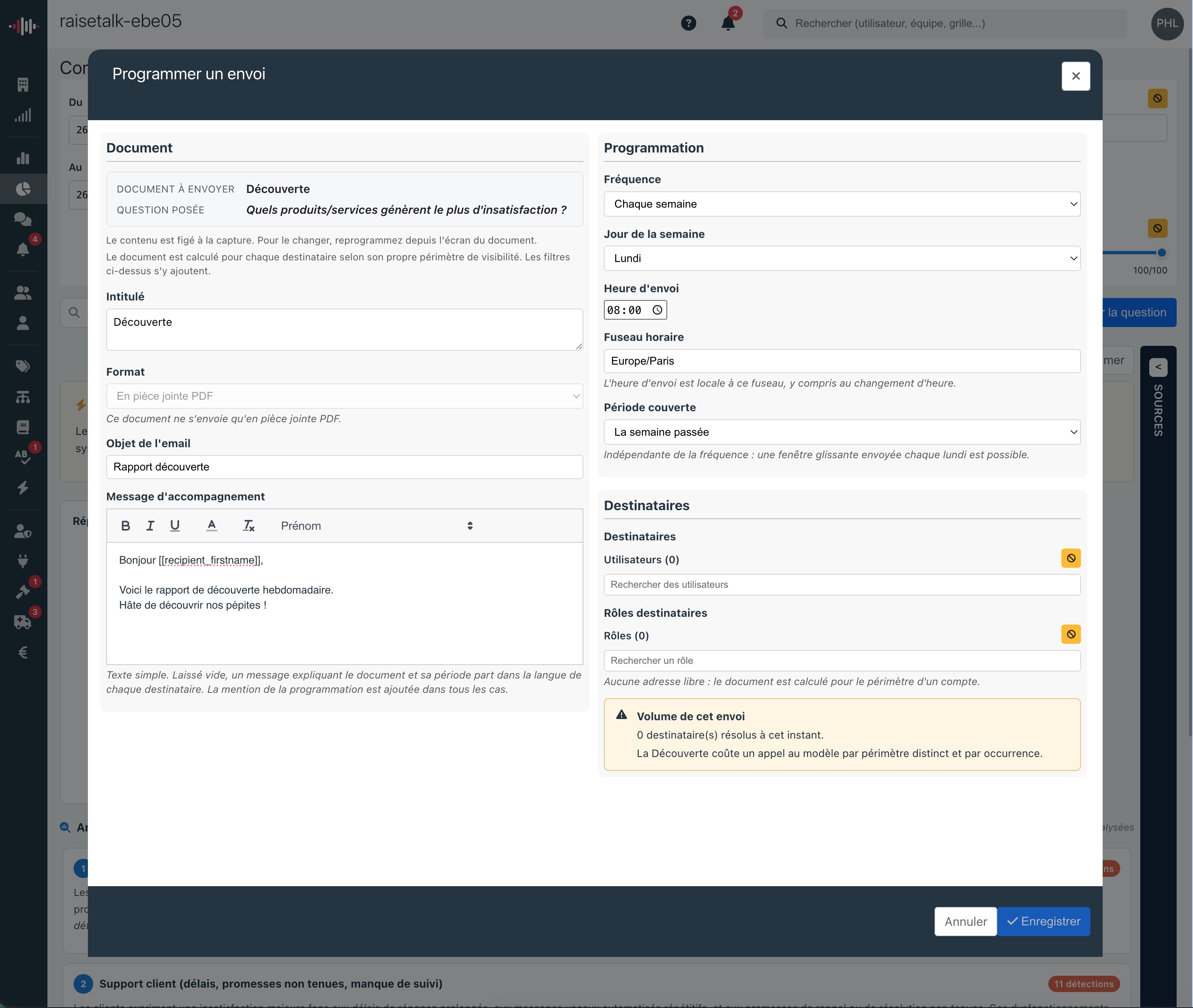 Planung des Versands einer Discovery-Antwort in Raisetalk, mit der im Formular übernommenen Frage