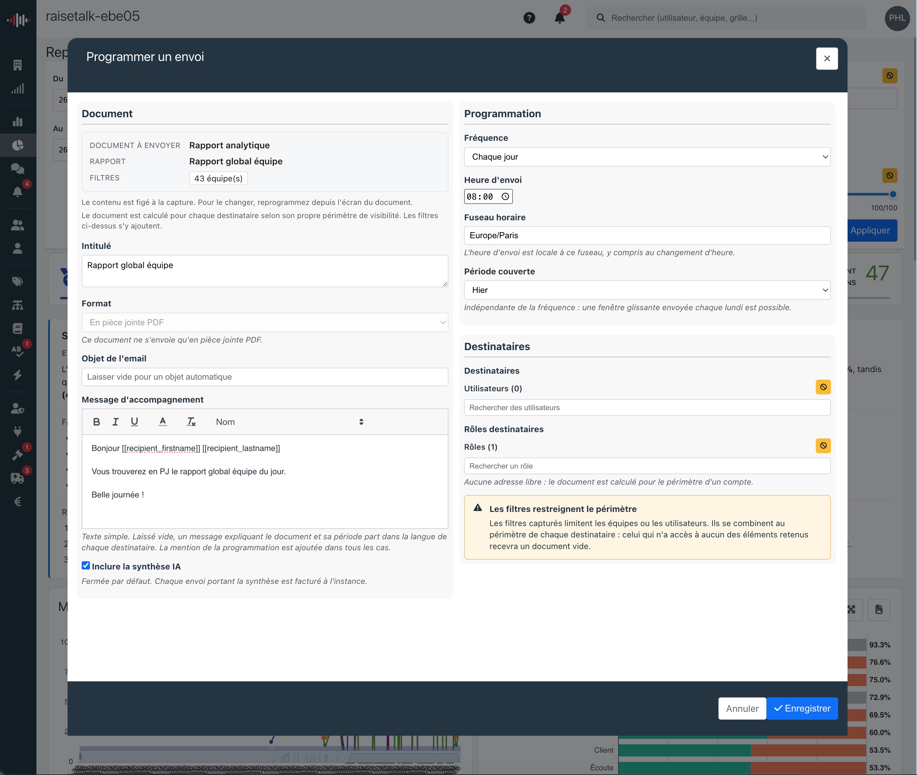 Formular zur Planung eines Berichtsversands in Raisetalk mit den Abschnitten Dokument, Planung und Empfänger