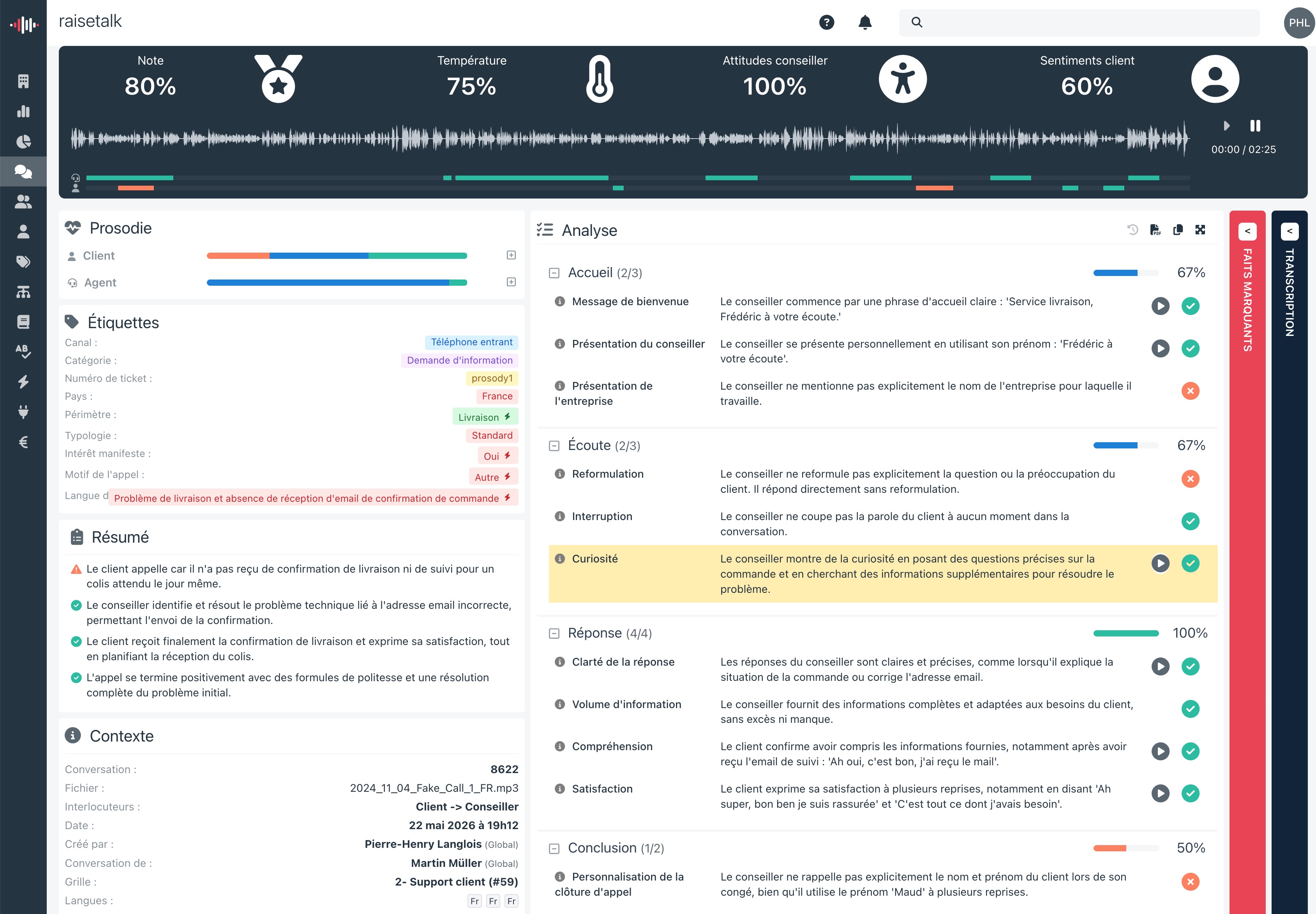 Cálculo de la nota de una conversación en Raisetalk Desglose de la nota de una conversación evaluada en Raisetalk: nota global, notas por grupo de criterios y puntos obtenidos por criterio