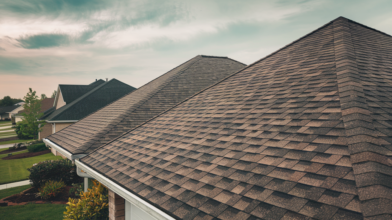 A residential roof with asphalt shingles highlighting environmental concerns