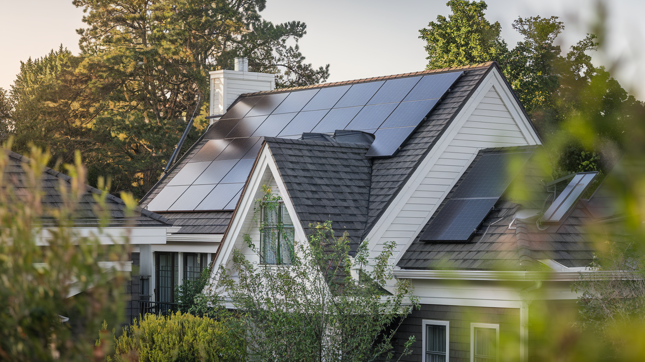 Energy-efficient home with solar panels and greenery