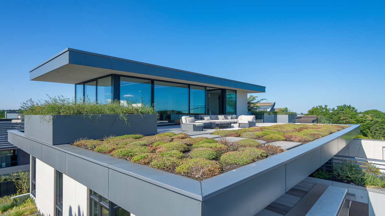 Modern flat roof home with a rooftop garden