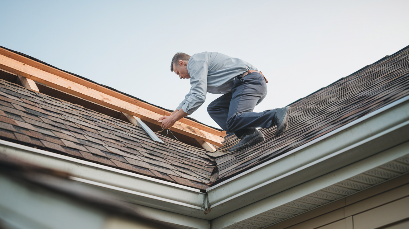 Professional conducting a roof inspection for damage assessment