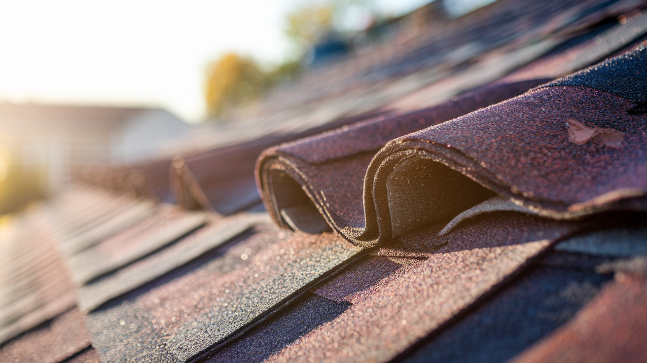 Close-up view of shingle damage on a roof