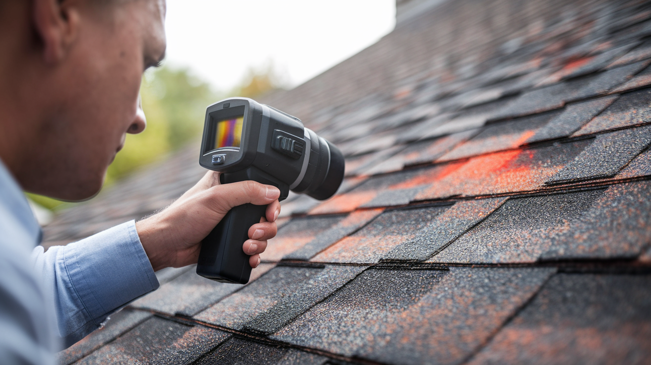 Homeowner using infrared camera for roof leak detection