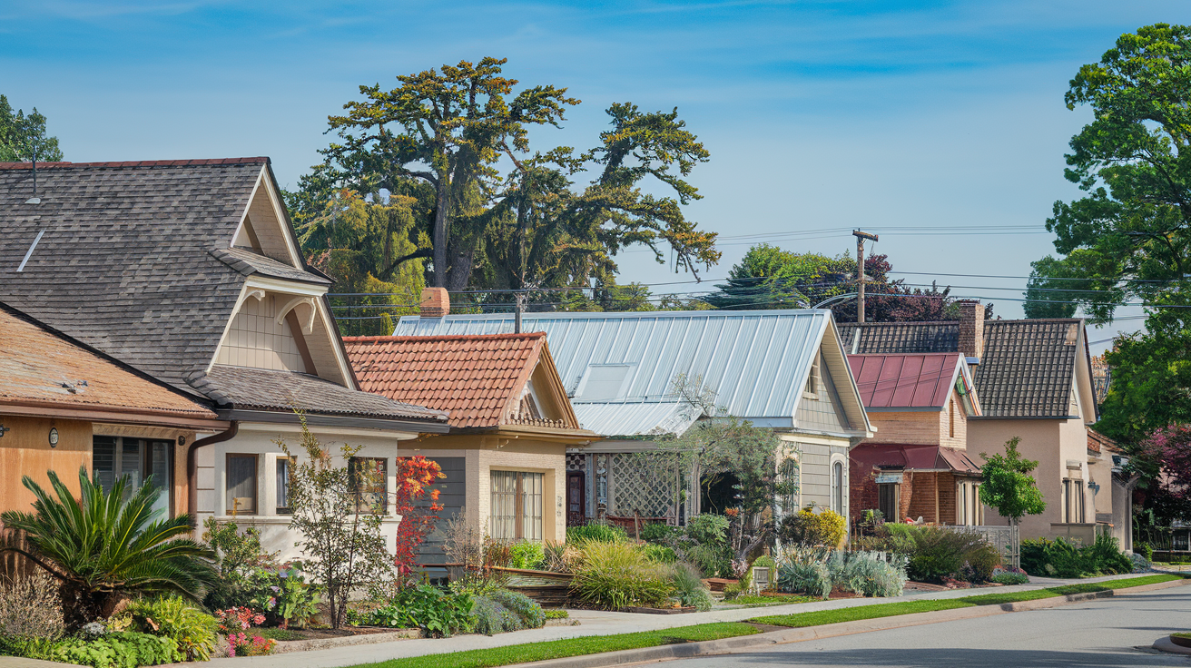 Different roofing materials on a suburban street