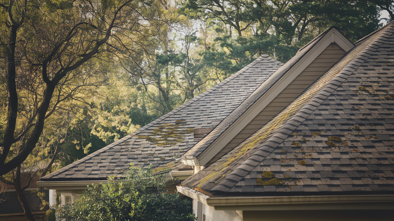 Residential roof with moss and algae growth