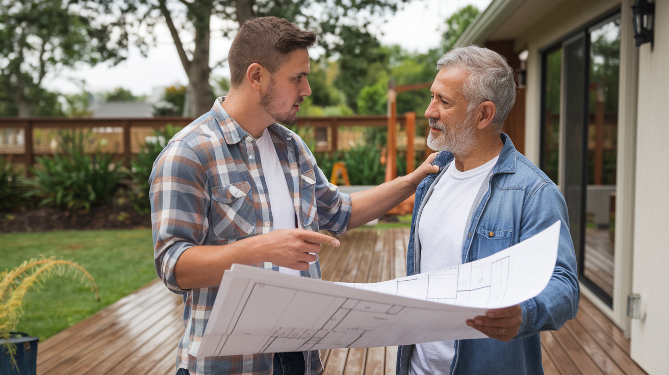 Roofing contractor discussing project with homeowner
