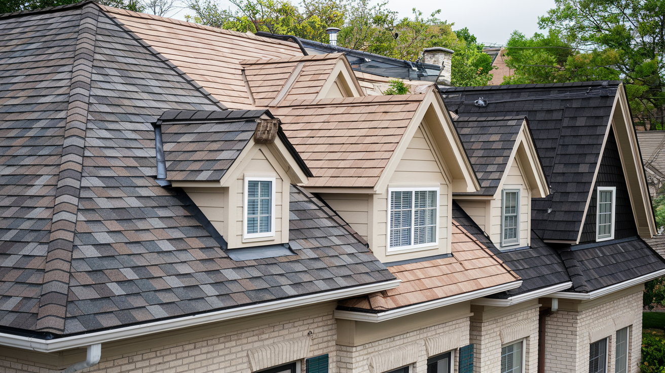 Suburban home with a detailed roof