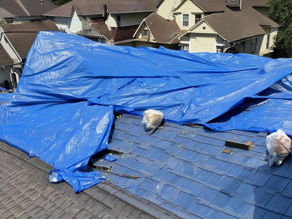 Temporary roof repair with tarps