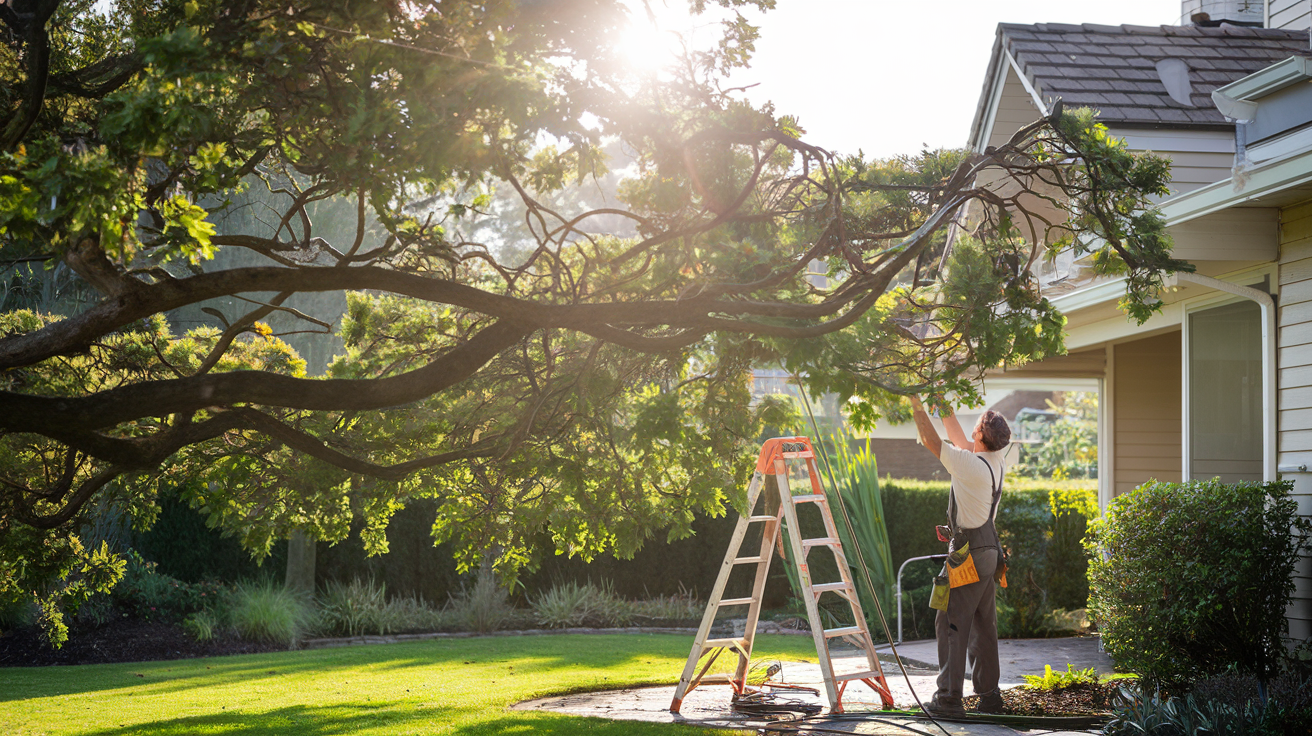 Tree trimming near a house roof