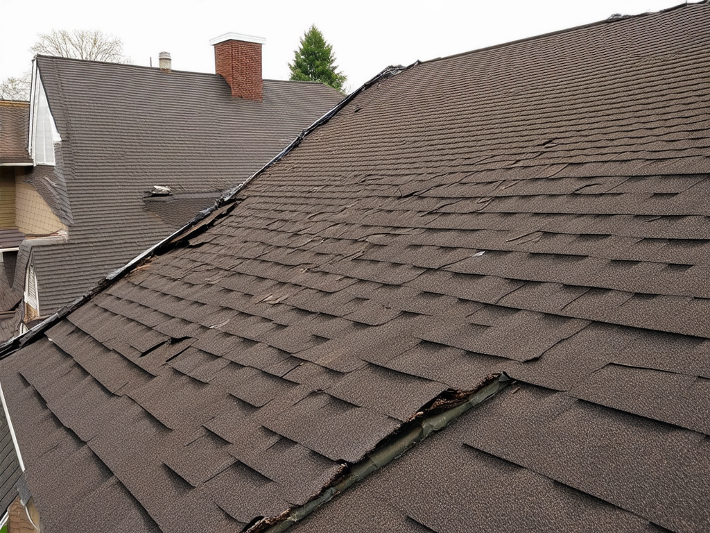 Residential roof with wind-damaged shingles