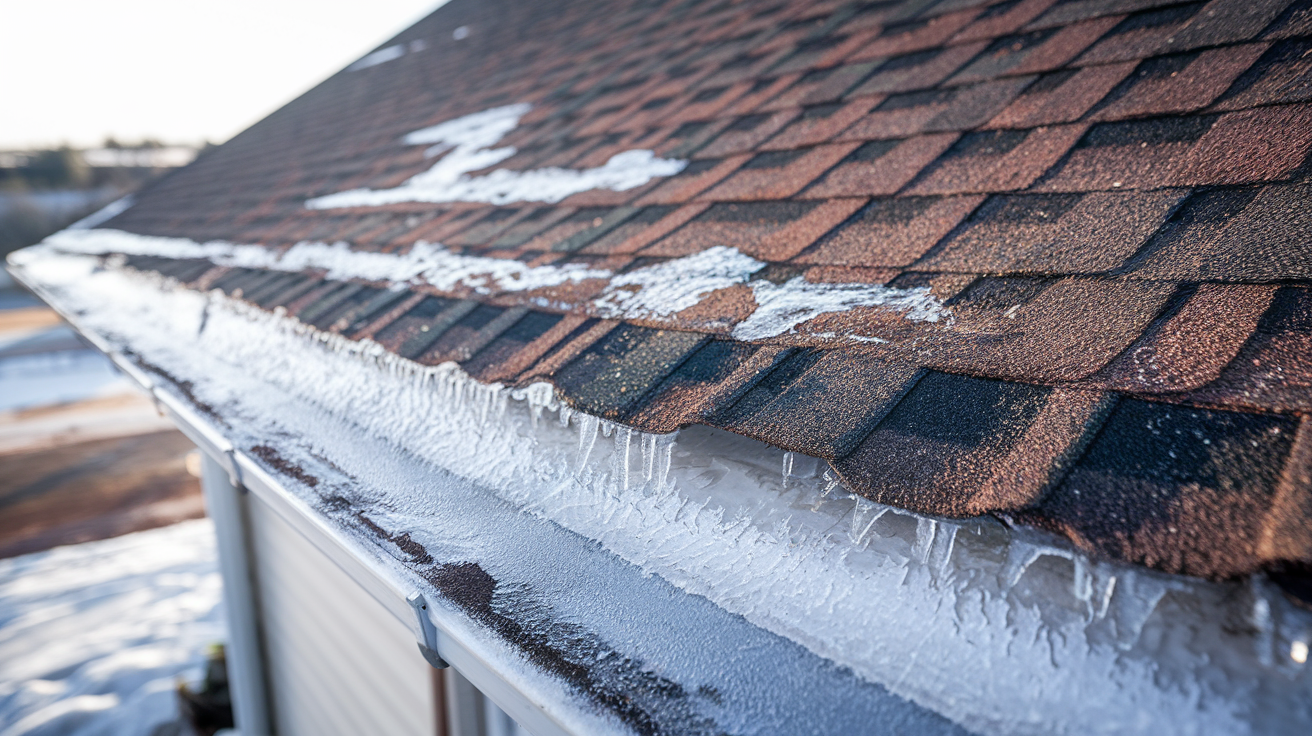 Winter roof damage with missing shingles and ice buildup
