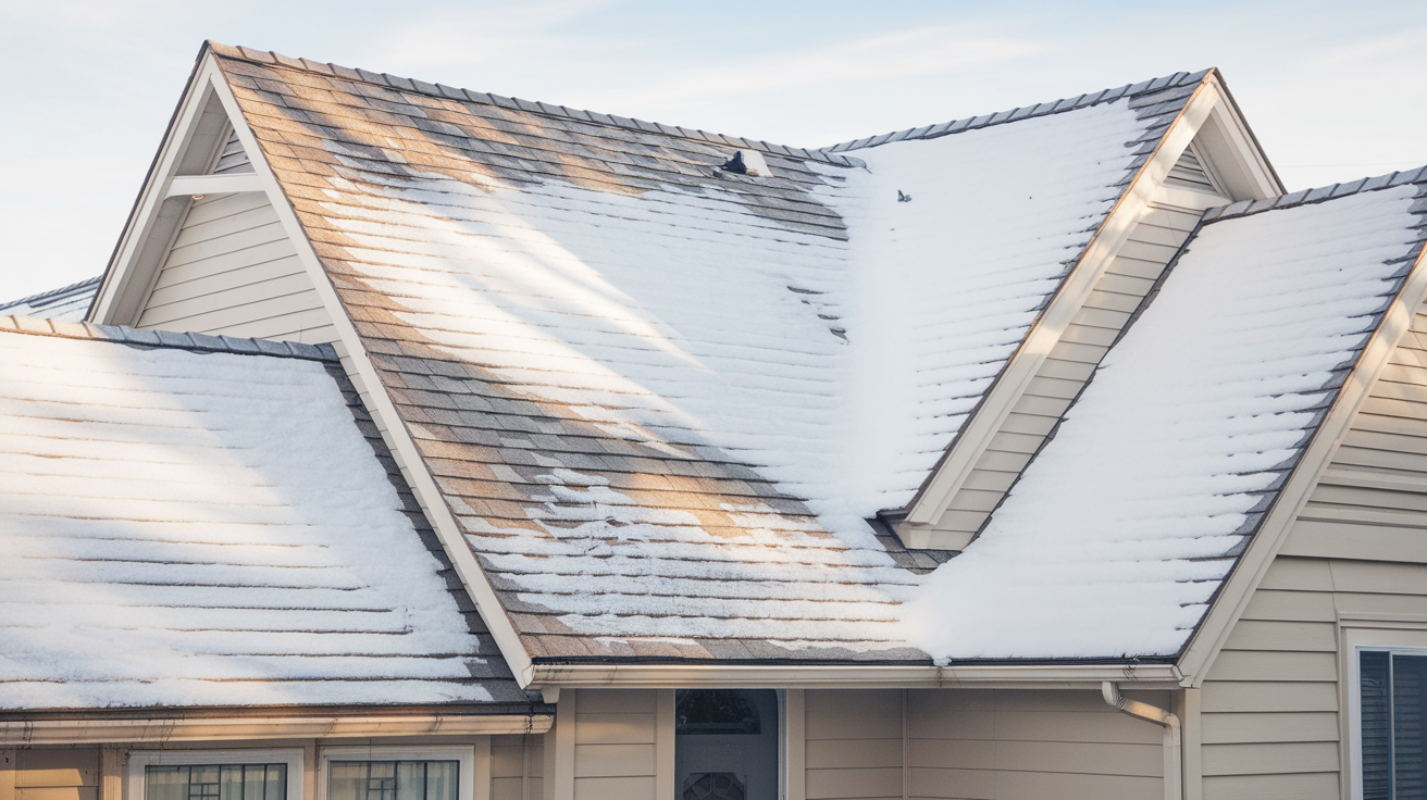 Snow-covered roof of a cozy home