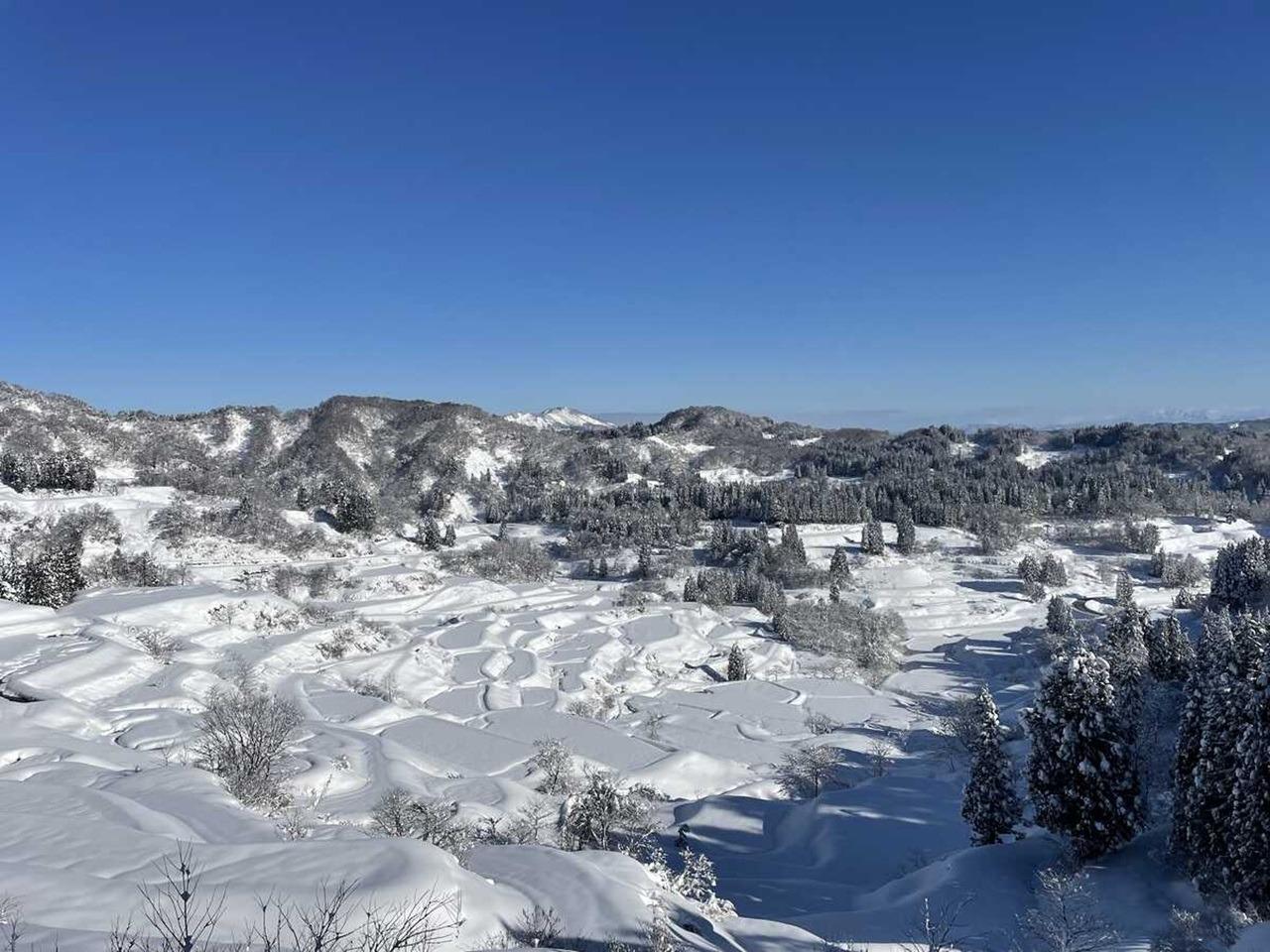 デッキからの棚田の景色④積雪による白色一色の景色は一見の価値あり