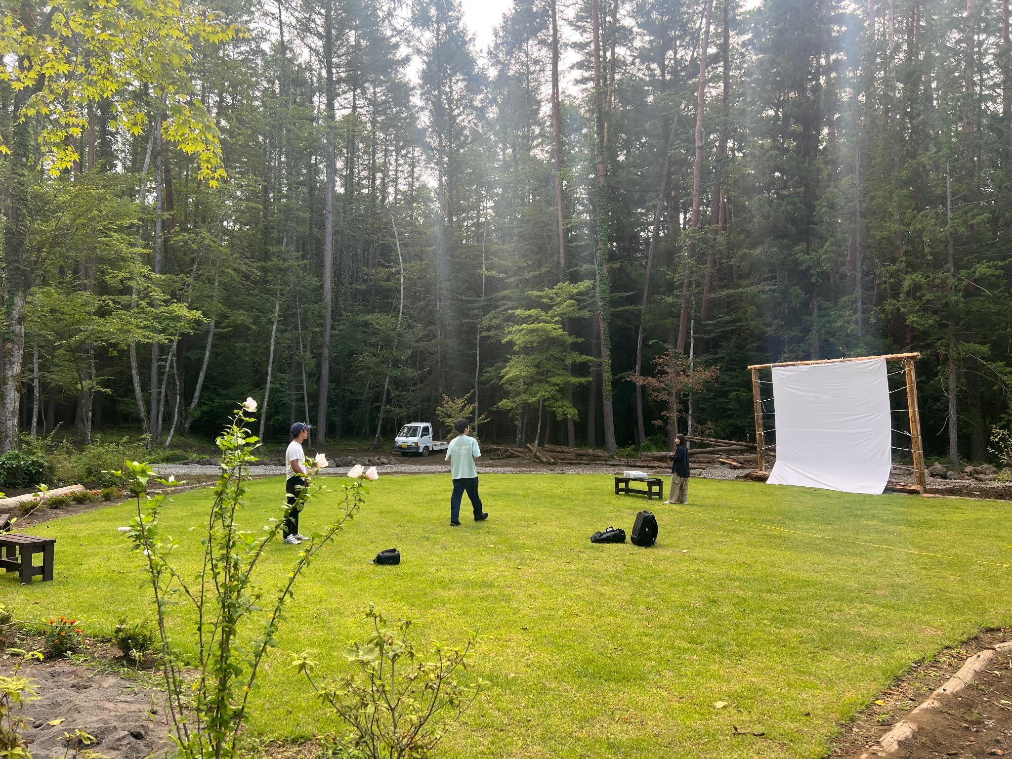 Setting up the screen for the night film festival 