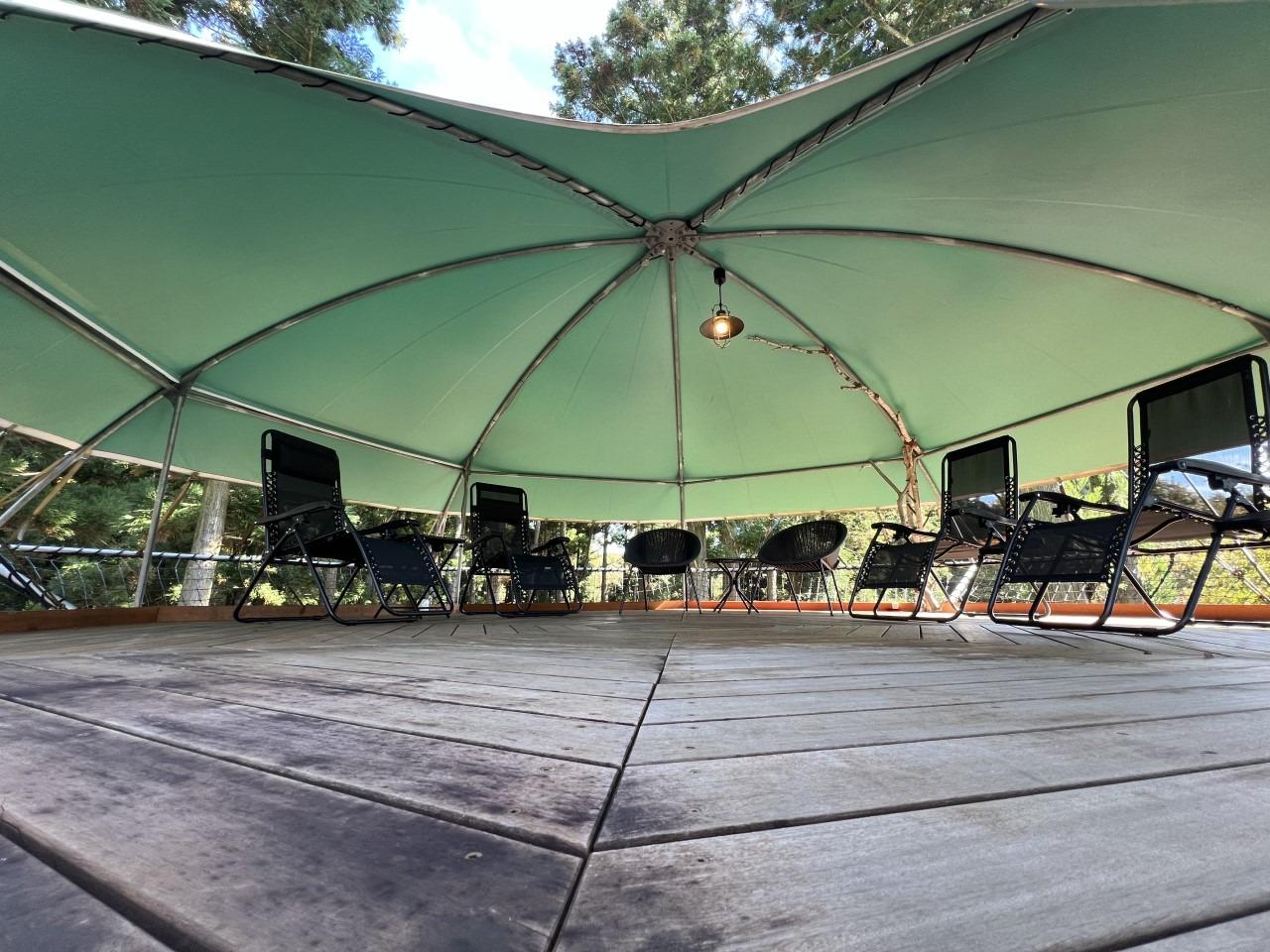 空中デッキで樹々を眺め鳥の声を聴く