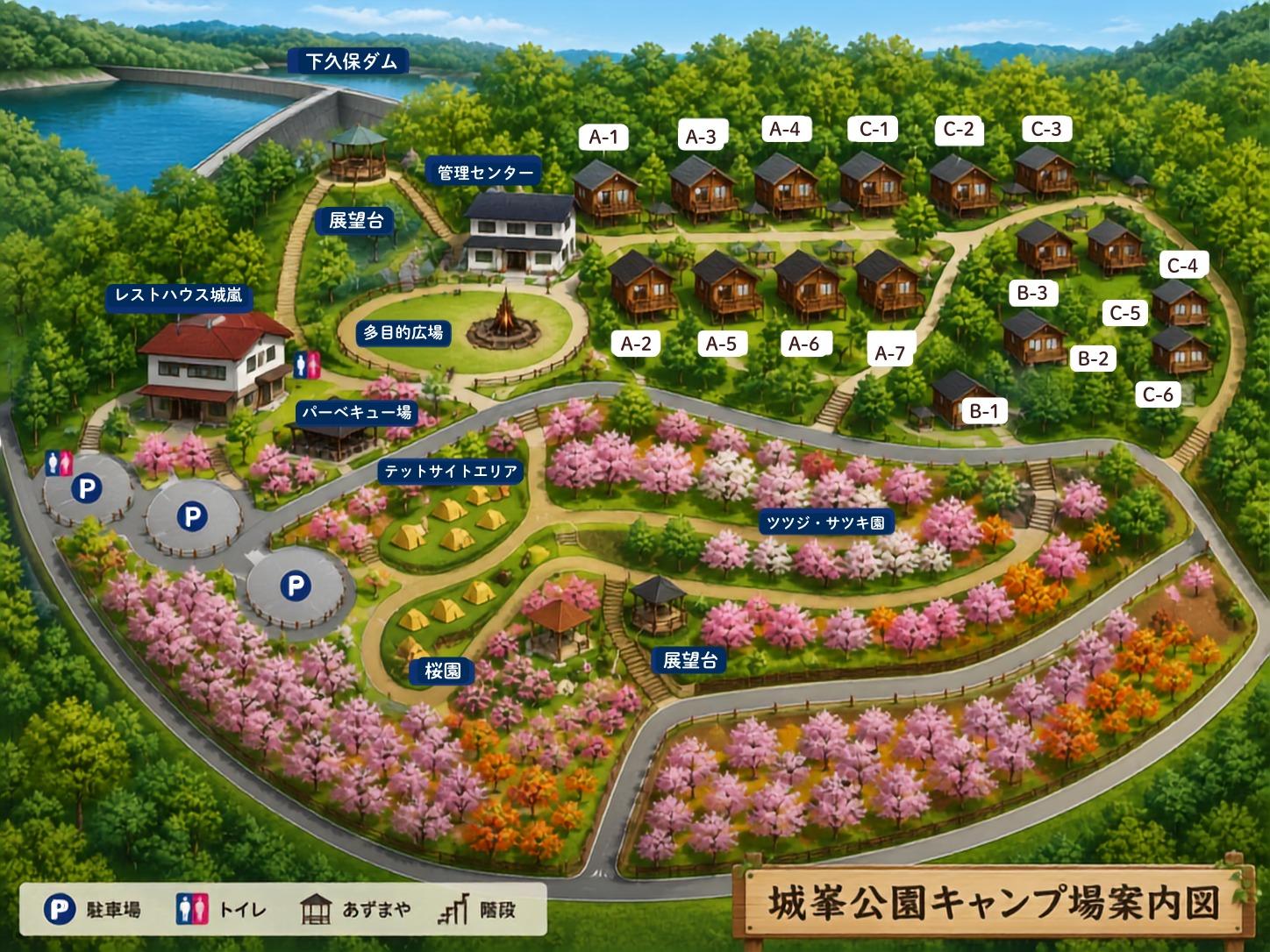 城峯公園**城峯公園キャンプ場 案内図（255文字以内）**  城峯公園キャンプ場の全体配置がひと目でわかる案内図です。バンガロー、テントサイト、バーベキュー場、多目的広場、展望台、管理センター、駐車場、レストハウス城峯などの施設位置をわかりやすく掲載。初めてご利用のお客様でも場内をスムーズに移動でき、自然豊かな園内を快適にお楽しみいただけます。各施設へのアクセスや散策の参考としてご活用ください。キャンプ場の園内MAP