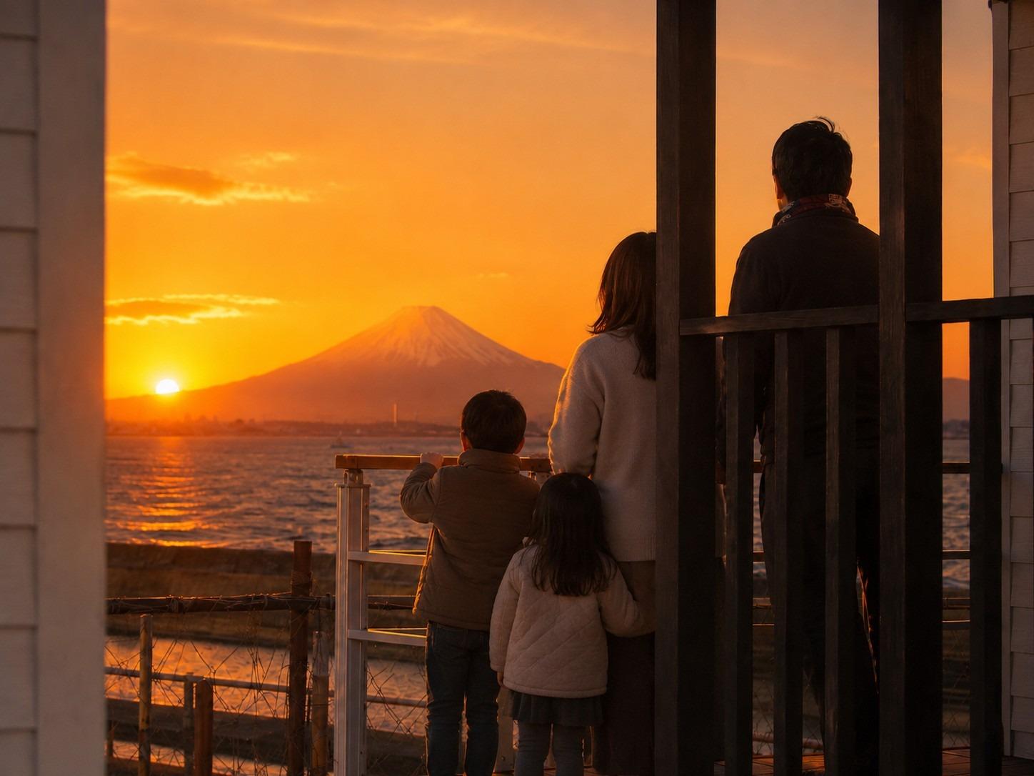 夕日と富士山を眺める家族。晴れた日のイメージ（イメージ）