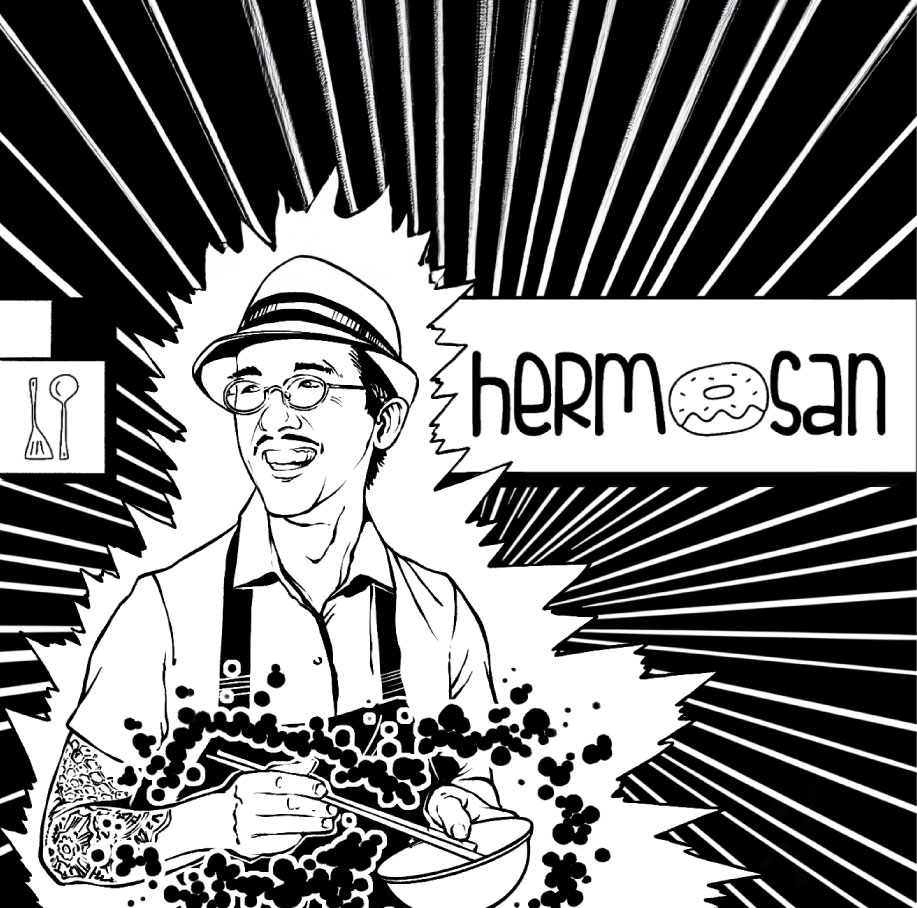 A black and white Illustration of someone wearing a brimmed hat, glasses, a collared shirt, and an apron holding a bowl of food. Text reads: 