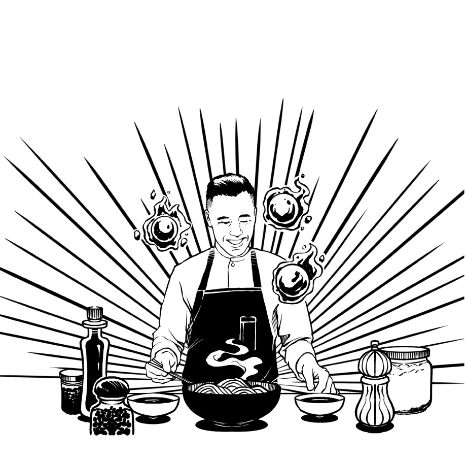 An illustration of a man wearing a white shirt and a black apron smiling and cooking with three balls of fire floating in front of him
