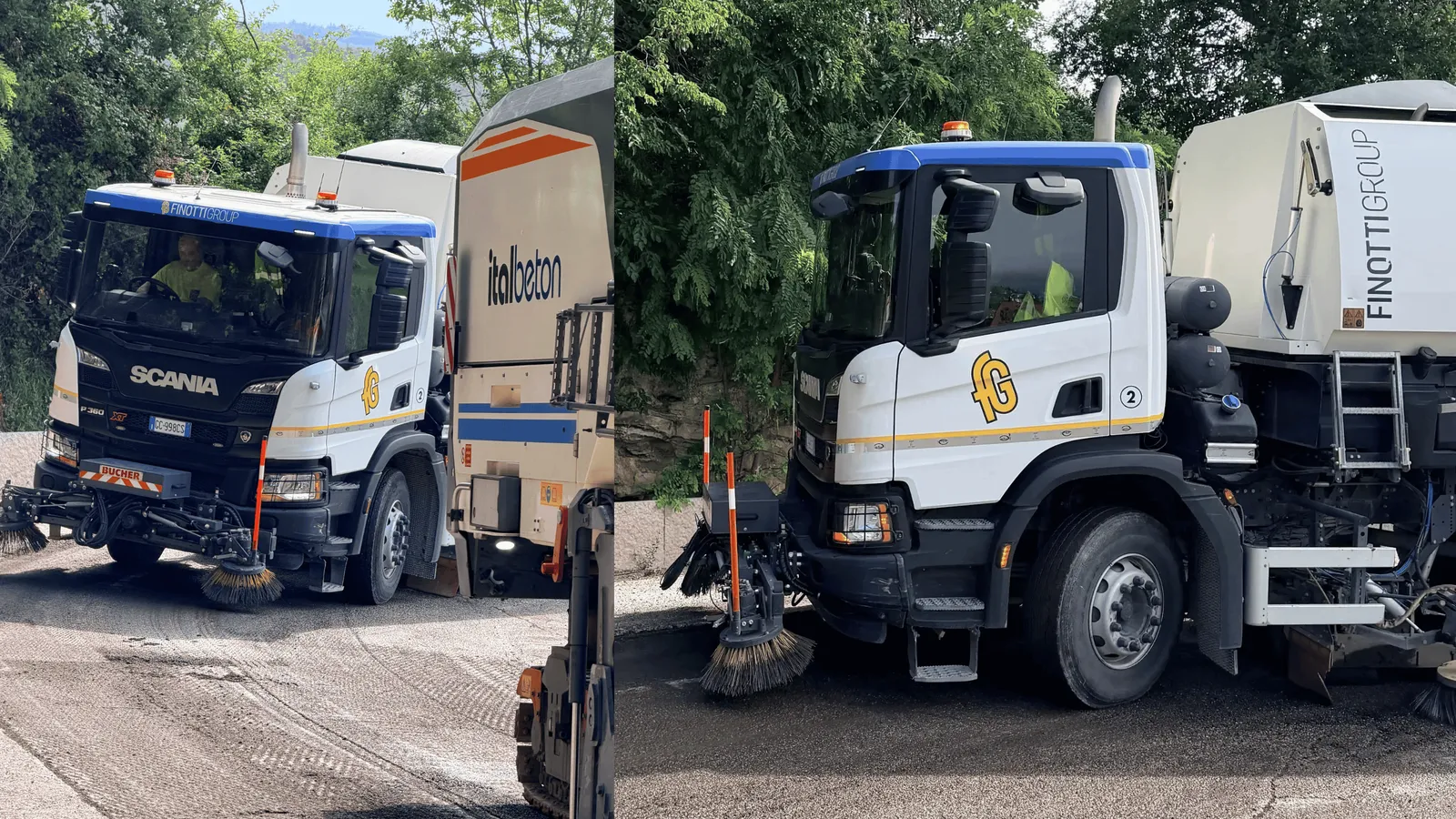 Spazzatrice Scania P360 di FINOTTIGROUP e Italbeton in azione per strade sempre pulite.