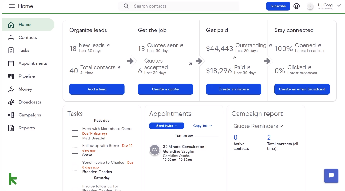 Keap by Infusionsoft Dashboard